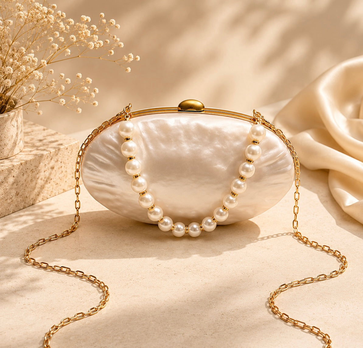 Élyra Clutch – Elegante Abendtasche mit Perlengriff